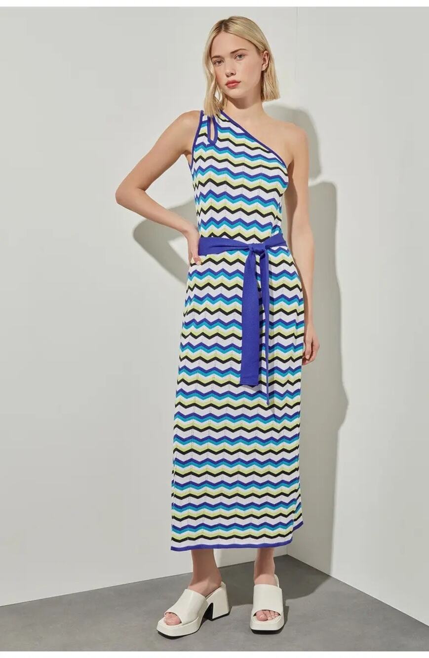 NWT Ming Wang One-Shoulder Chevron Stitch Maxi Sweater Dress Womens Medium